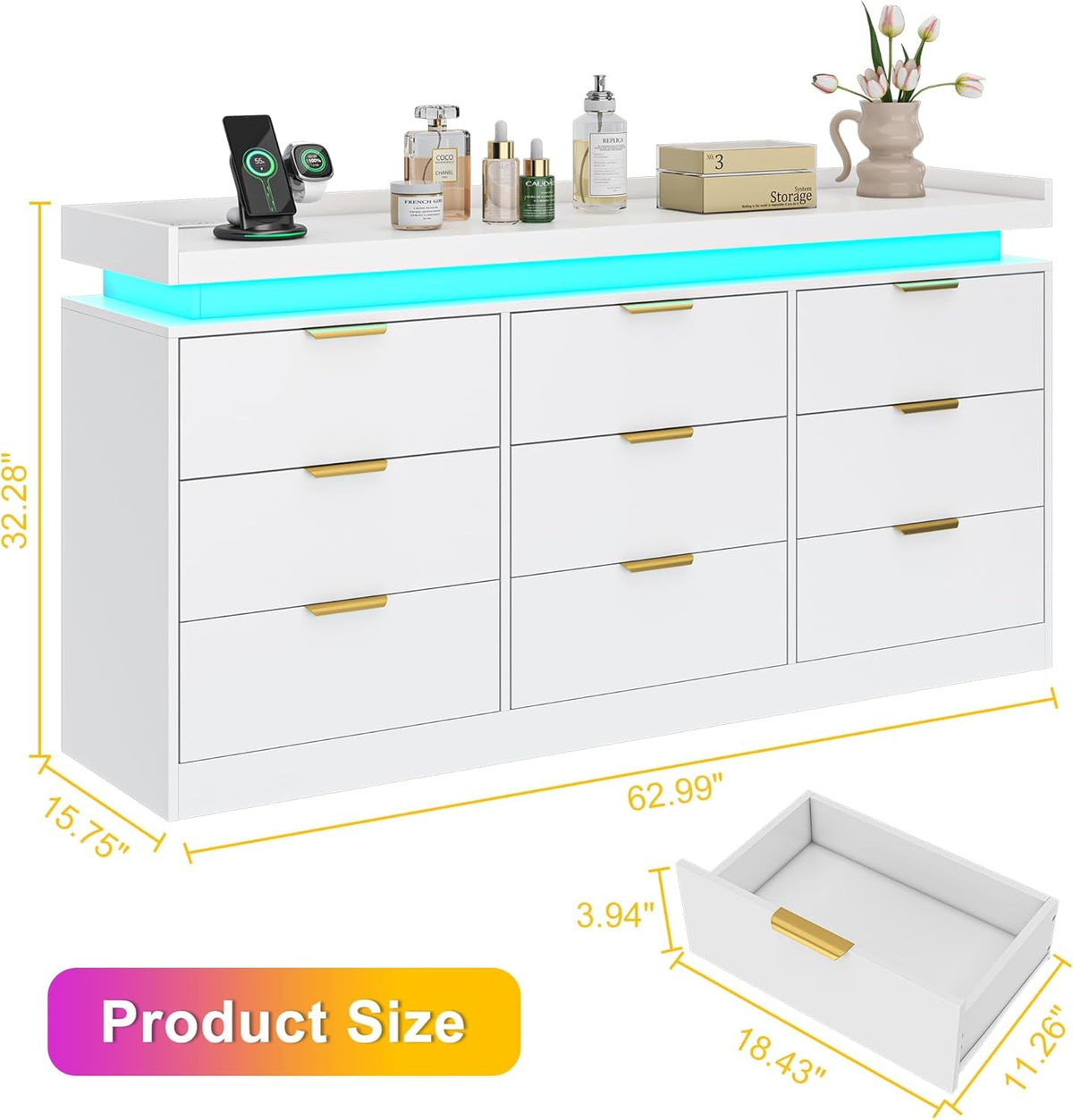 Illuminated Nine-Drawer Dresser