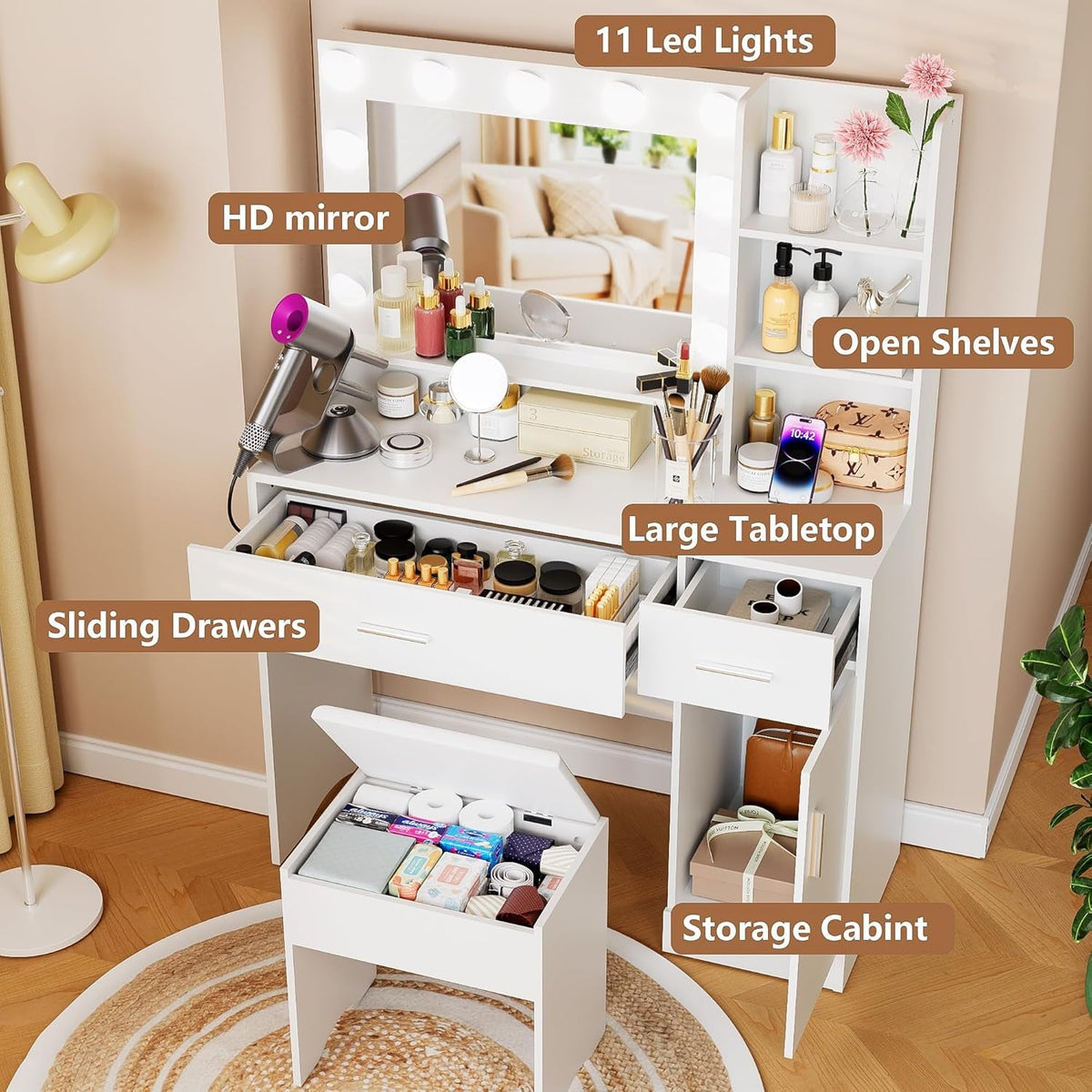 Liora White Vanity Desk with Mirror Lighting