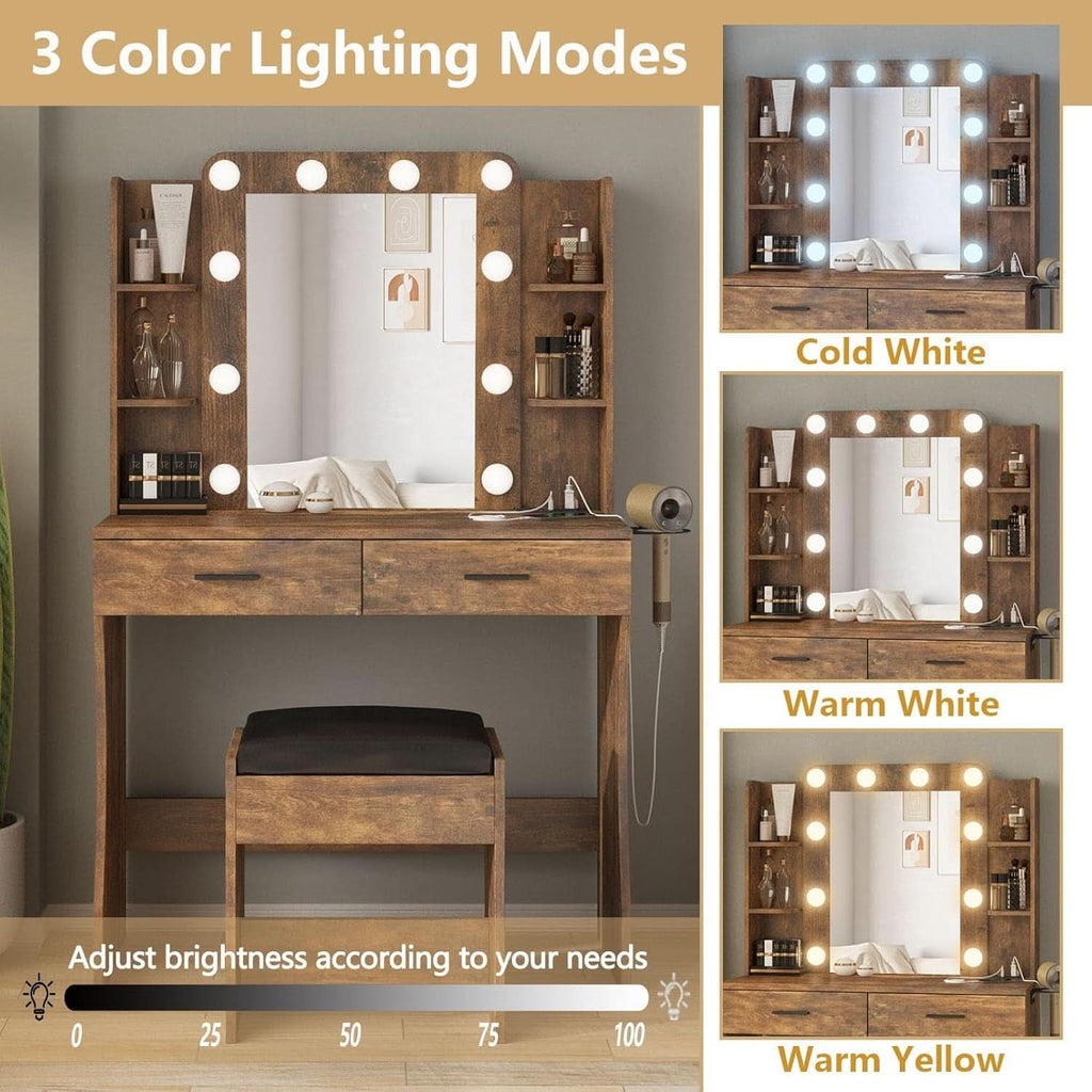 Delphine Rustic Brown Illuminated Vanity Desk