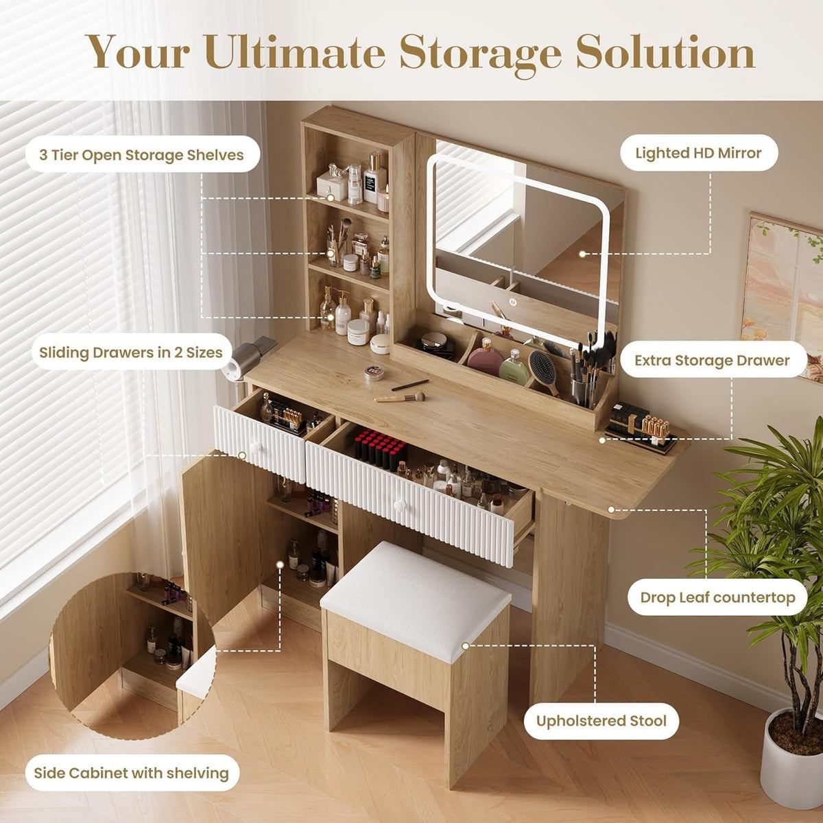 Aurelie Illuminated Vanity Desk with Drawers