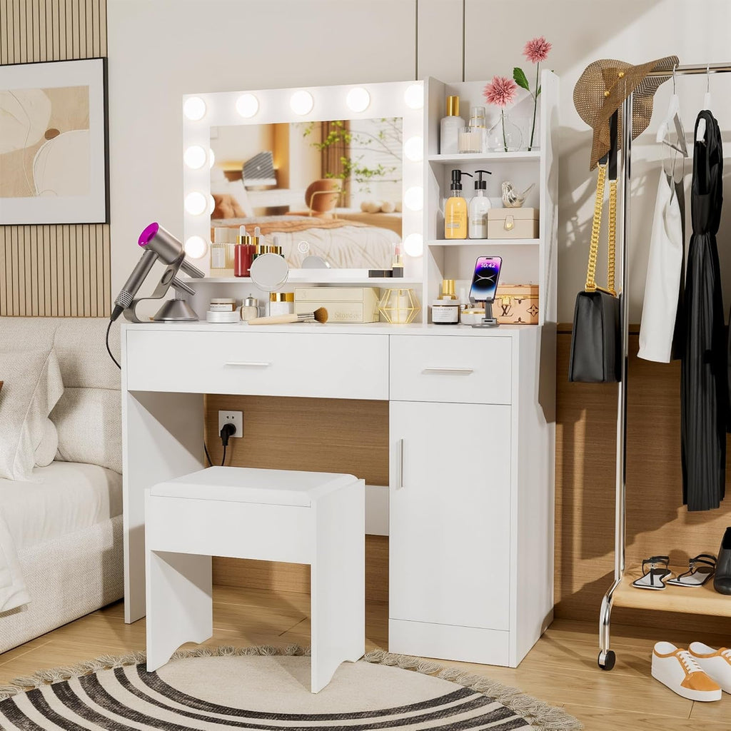 Liora White Vanity Desk with Mirror Lighting