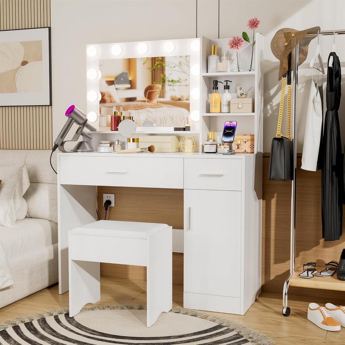 Liora White Vanity Desk with Mirror Lighting