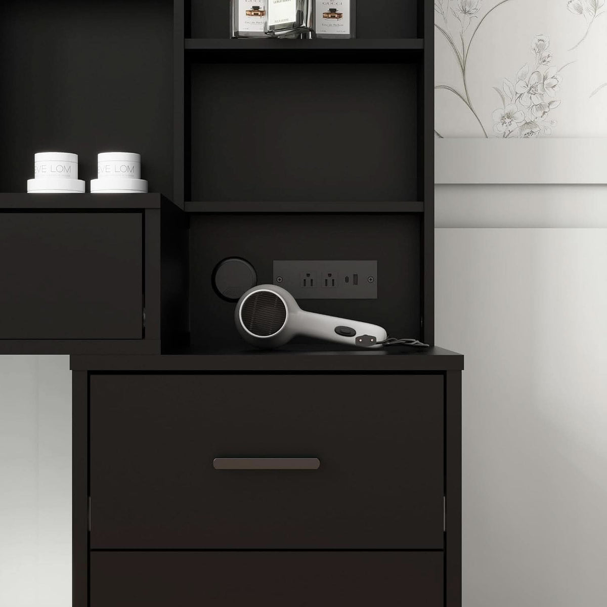 Odette Black Vanity Desk with Large Mirror