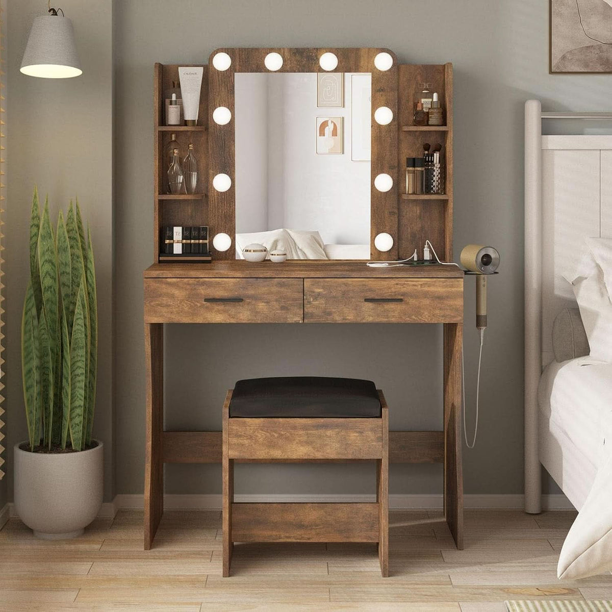 Delphine Rustic Brown Illuminated Vanity Desk