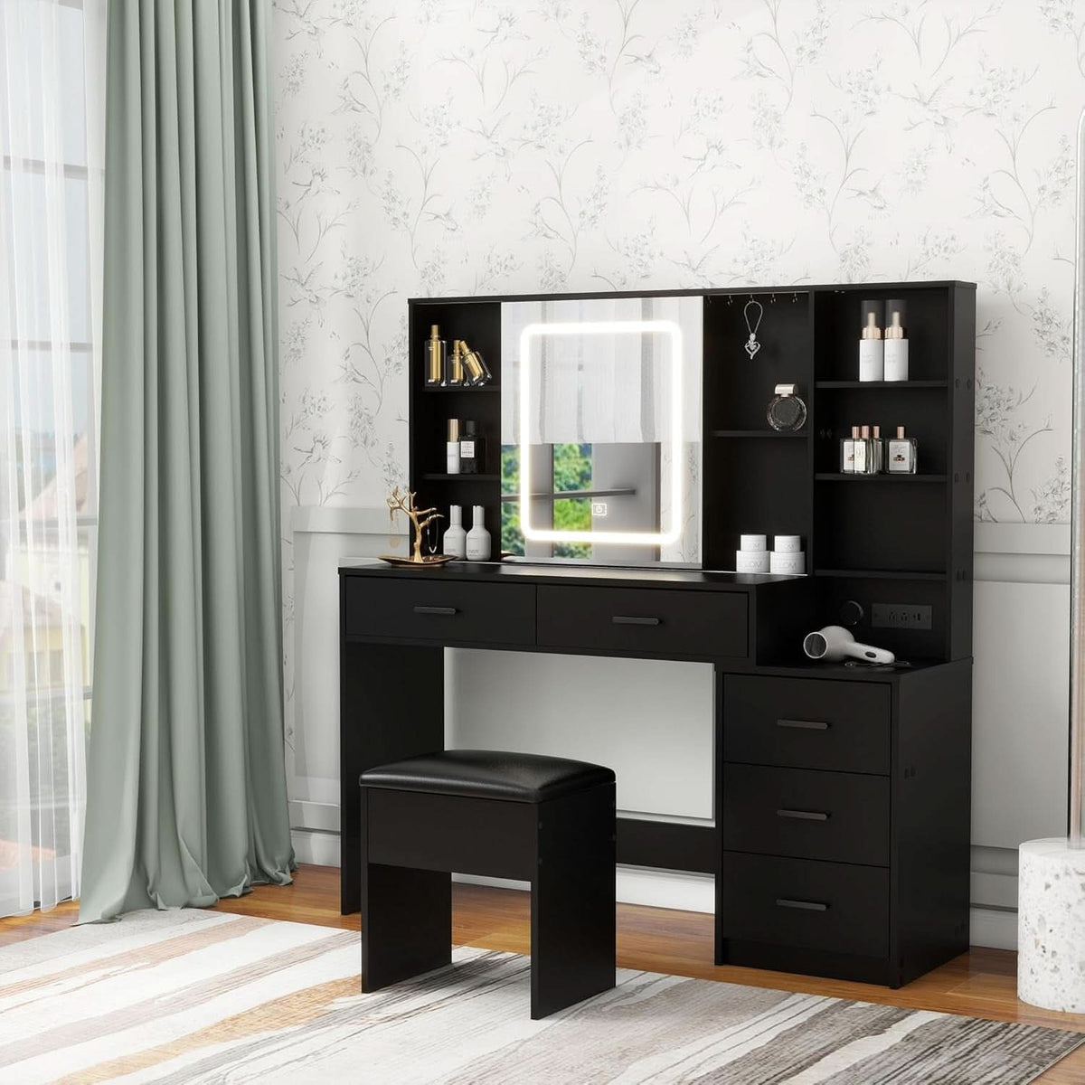 Odette Black Vanity Desk with Large Mirror