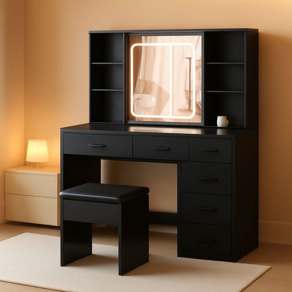Odette Black Vanity Desk with Large Mirror