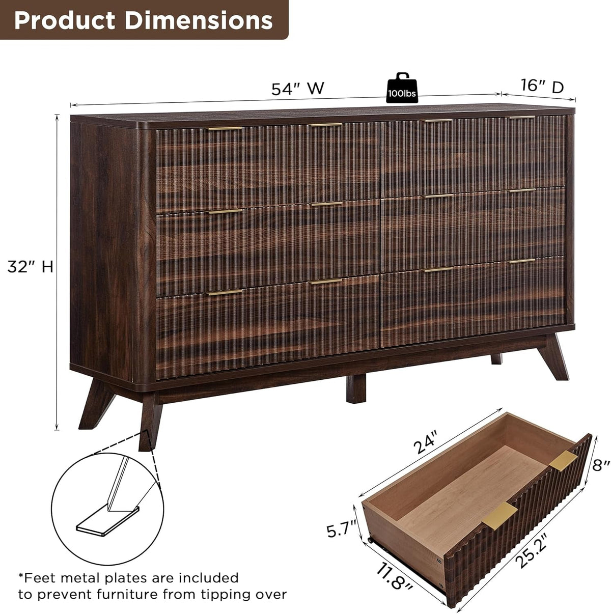 Fluted Six-Drawer Dresser