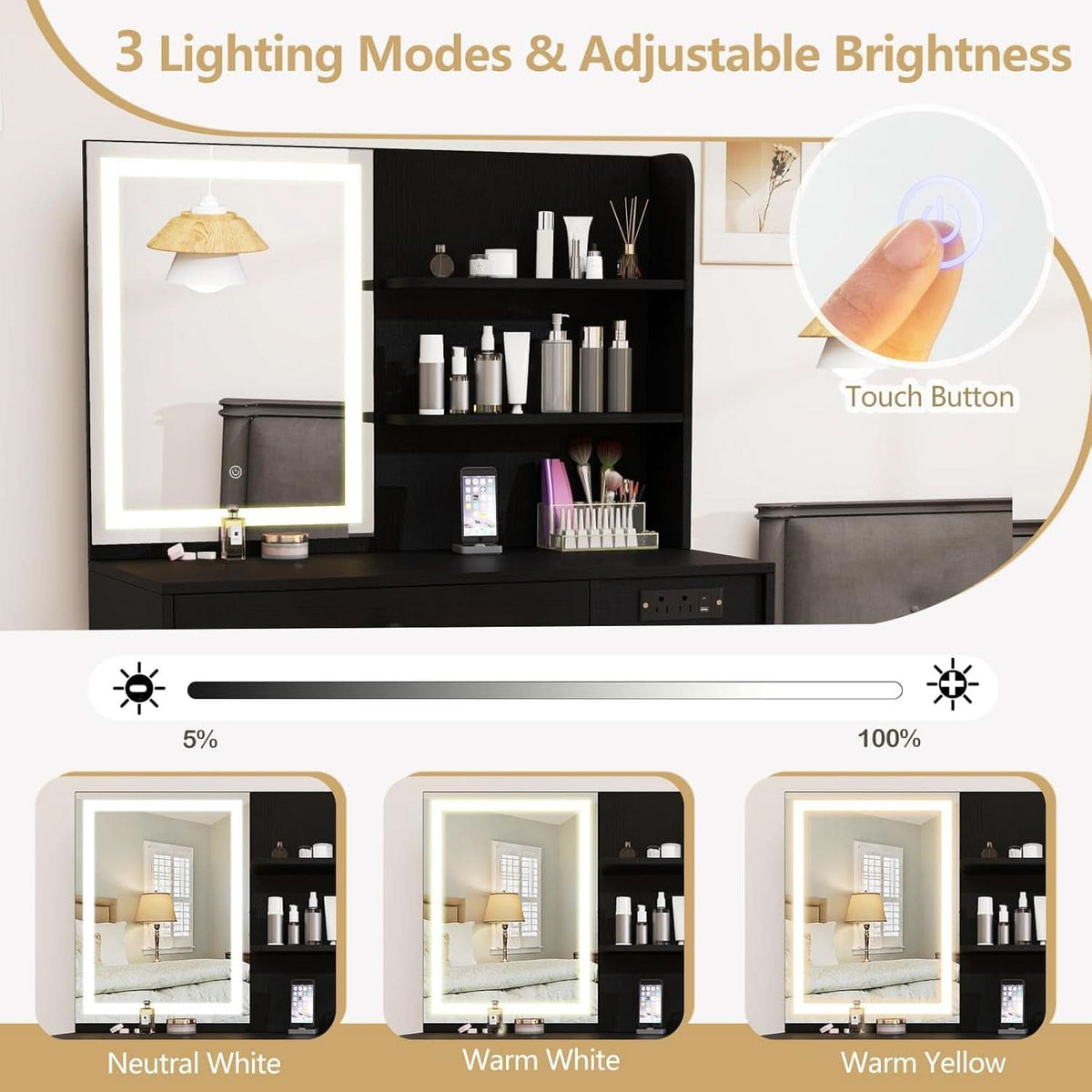 Sabine Black Illuminated Vanity Desk