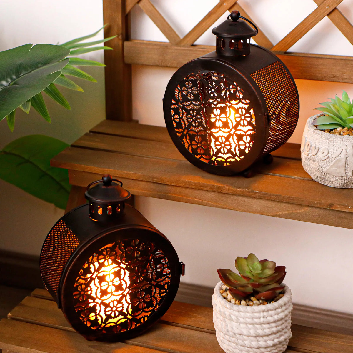 Round Filigree Candle Lanterns — Set of 2