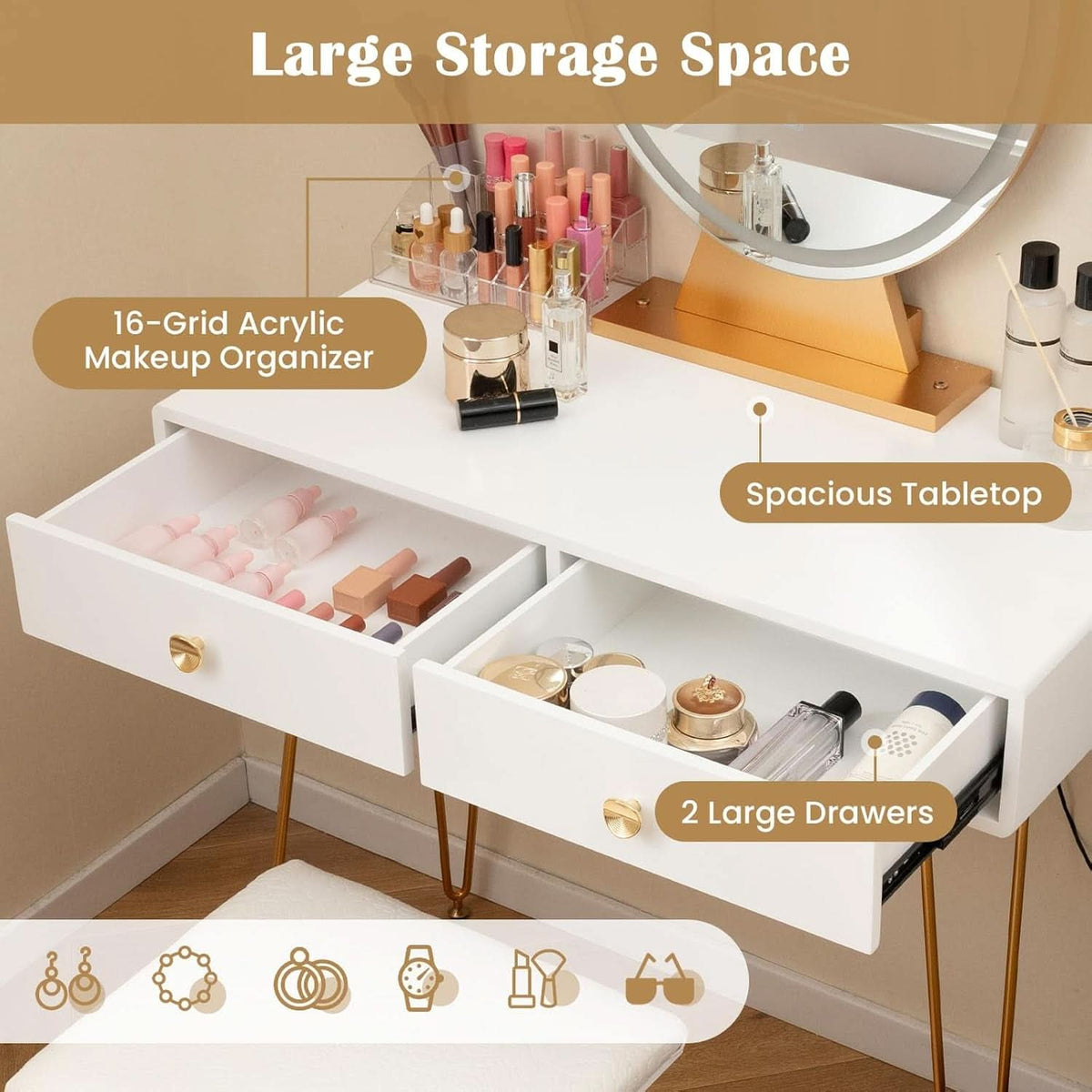 Margaux White & Gold Illuminated Vanity Desk