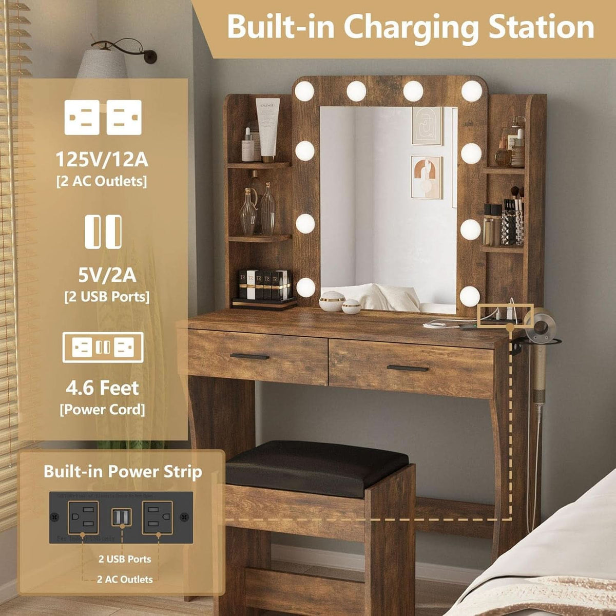 Delphine Rustic Brown Illuminated Vanity Desk