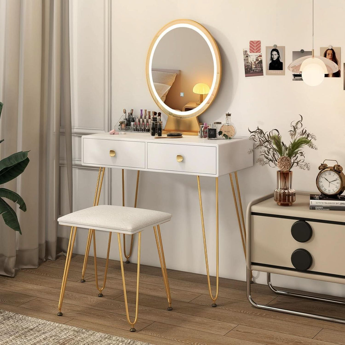 Margaux White & Gold Illuminated Vanity Desk