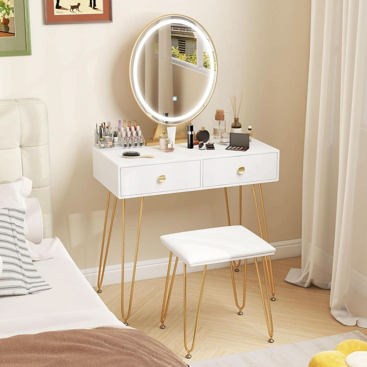 Margaux White & Gold Illuminated Vanity Desk