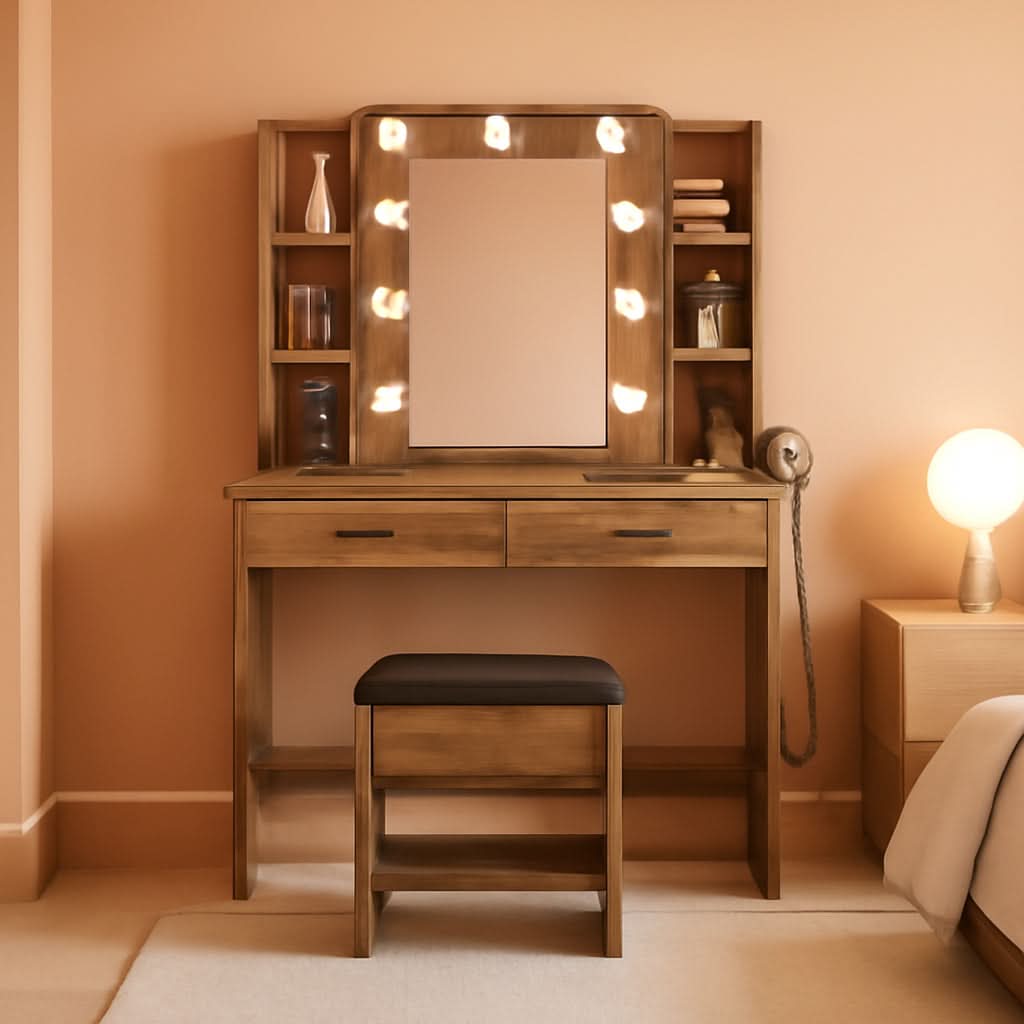 Delphine Rustic Brown Illuminated Vanity Desk
