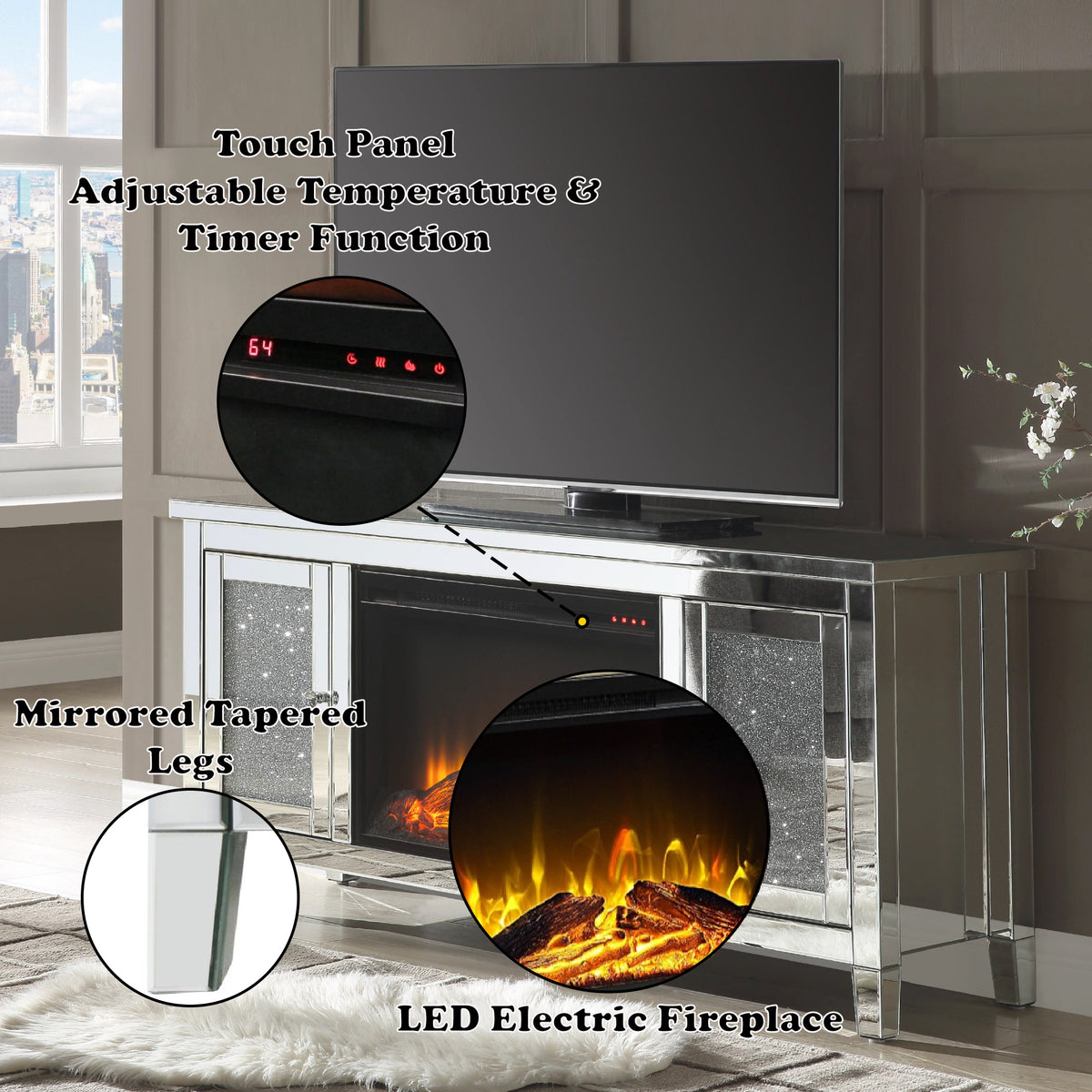 Silver Crystal Fireplace Media Console
