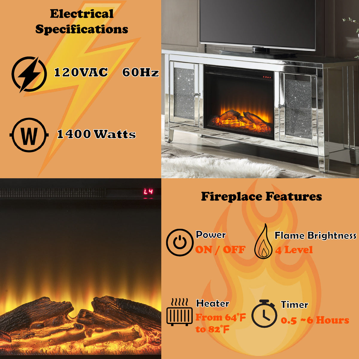 Silver Crystal Fireplace Media Console