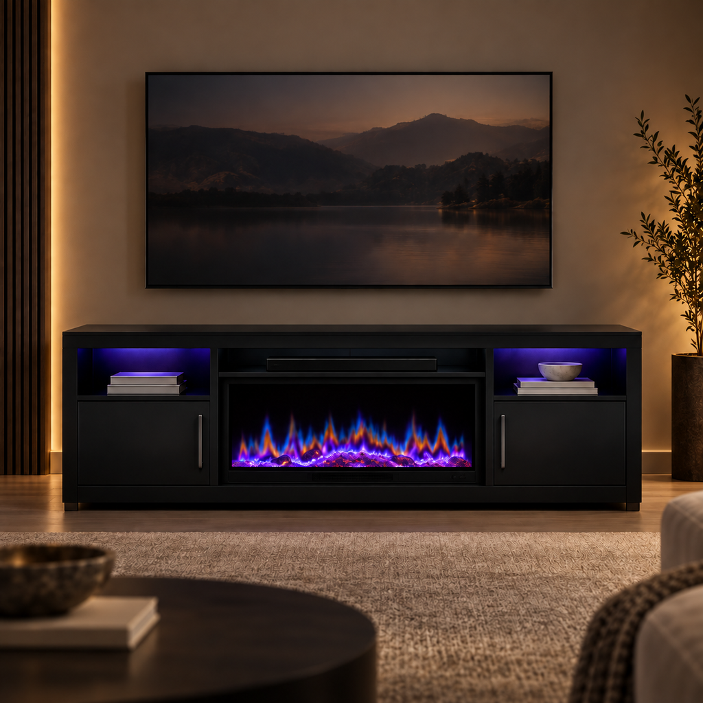 Black LED Fireplace TV Console