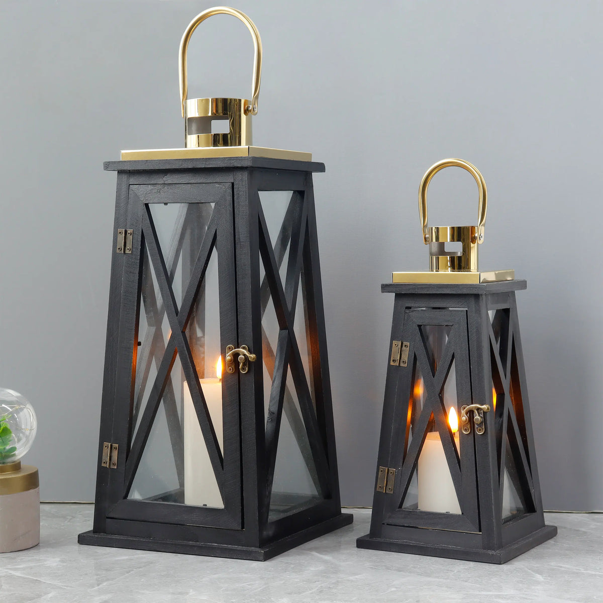 Black Cross-Frame Lanterns — Set of 2