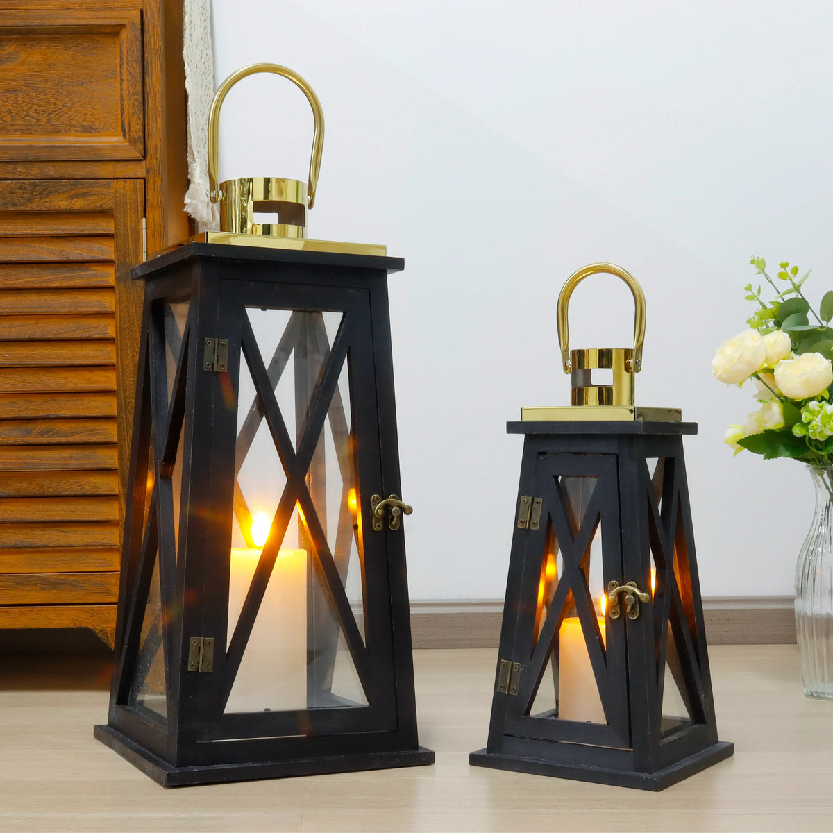 Black Cross-Frame Lanterns — Set of 2