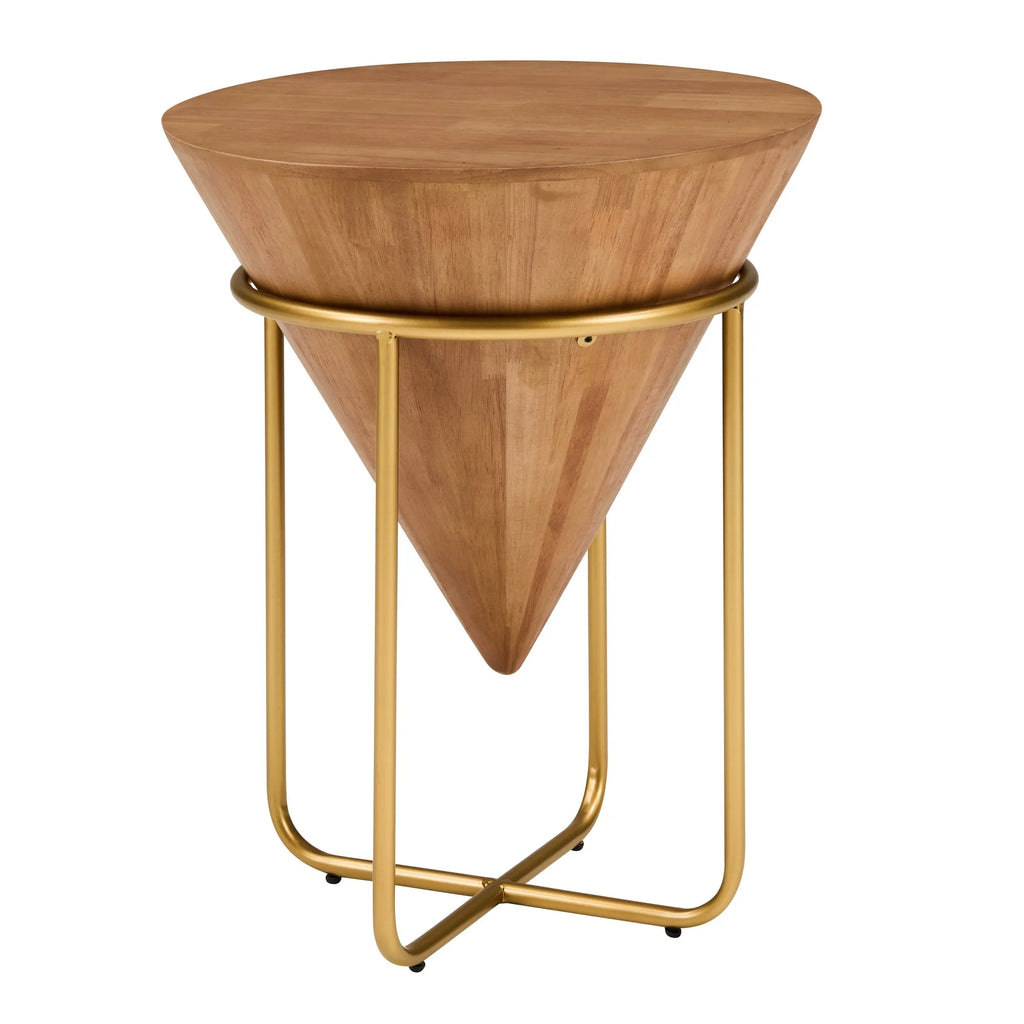 Minimalist & Luxe Wood & Gold Side Table, Cone-Shaped Round Accent Table, Multi-Space Versatile End Table for Living Room, Bedro