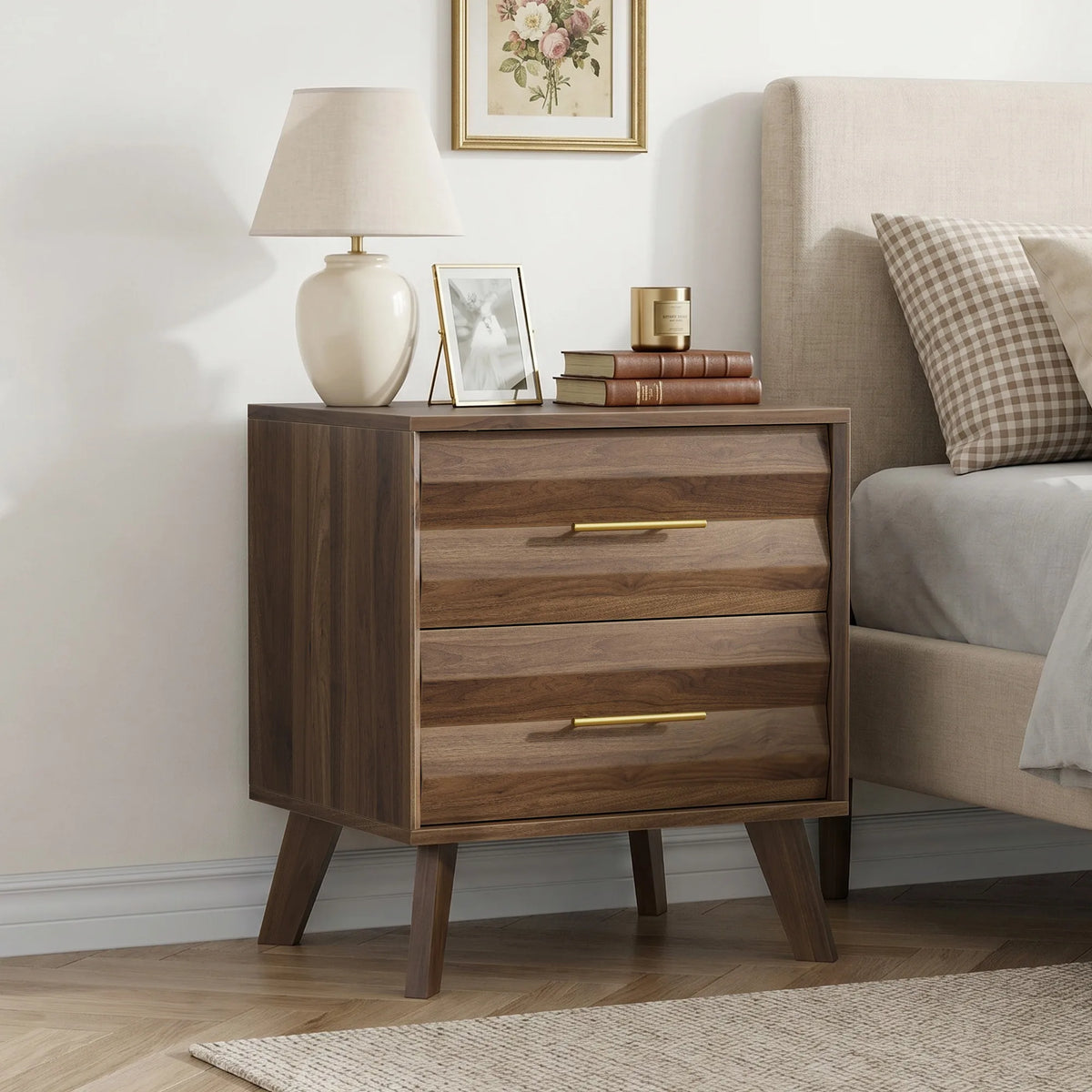 Walnut-colored double drawer bedside table, medieval-style modern bedroom bedside storage cabinet, bedside table with metal hand