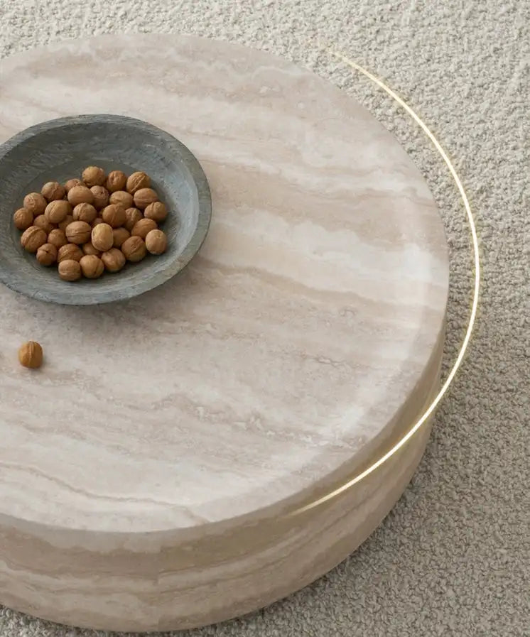 Modern Faux MARS Pattern Round Coffee Table with Storage for Living Room Faux Travertine Textured Design No Assembly Needed