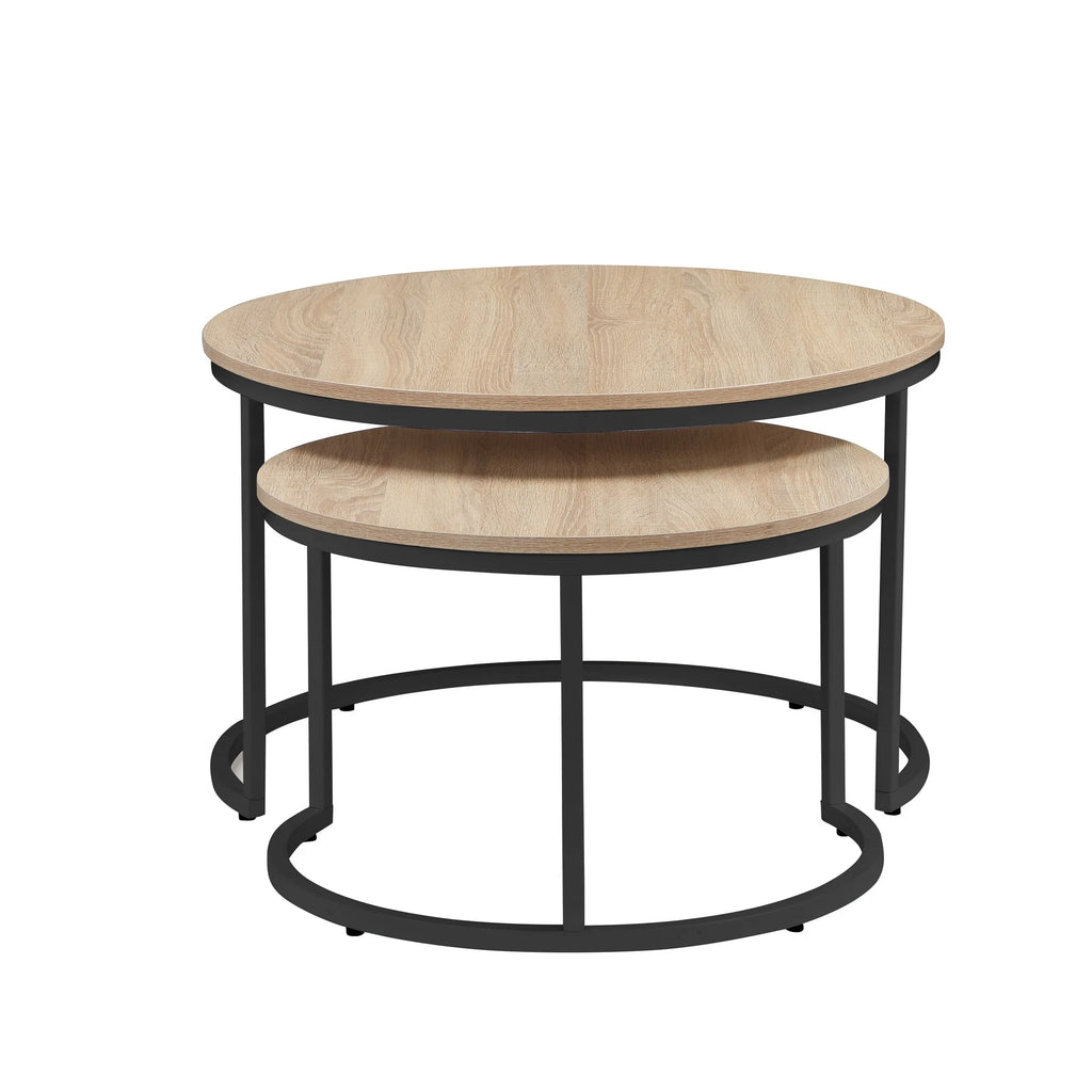 31.5-inch Round Nesting Table set of 2, Accent Coffee Table, Natural Oak Wood Finish, Space-Saving, Modern Industrial Style