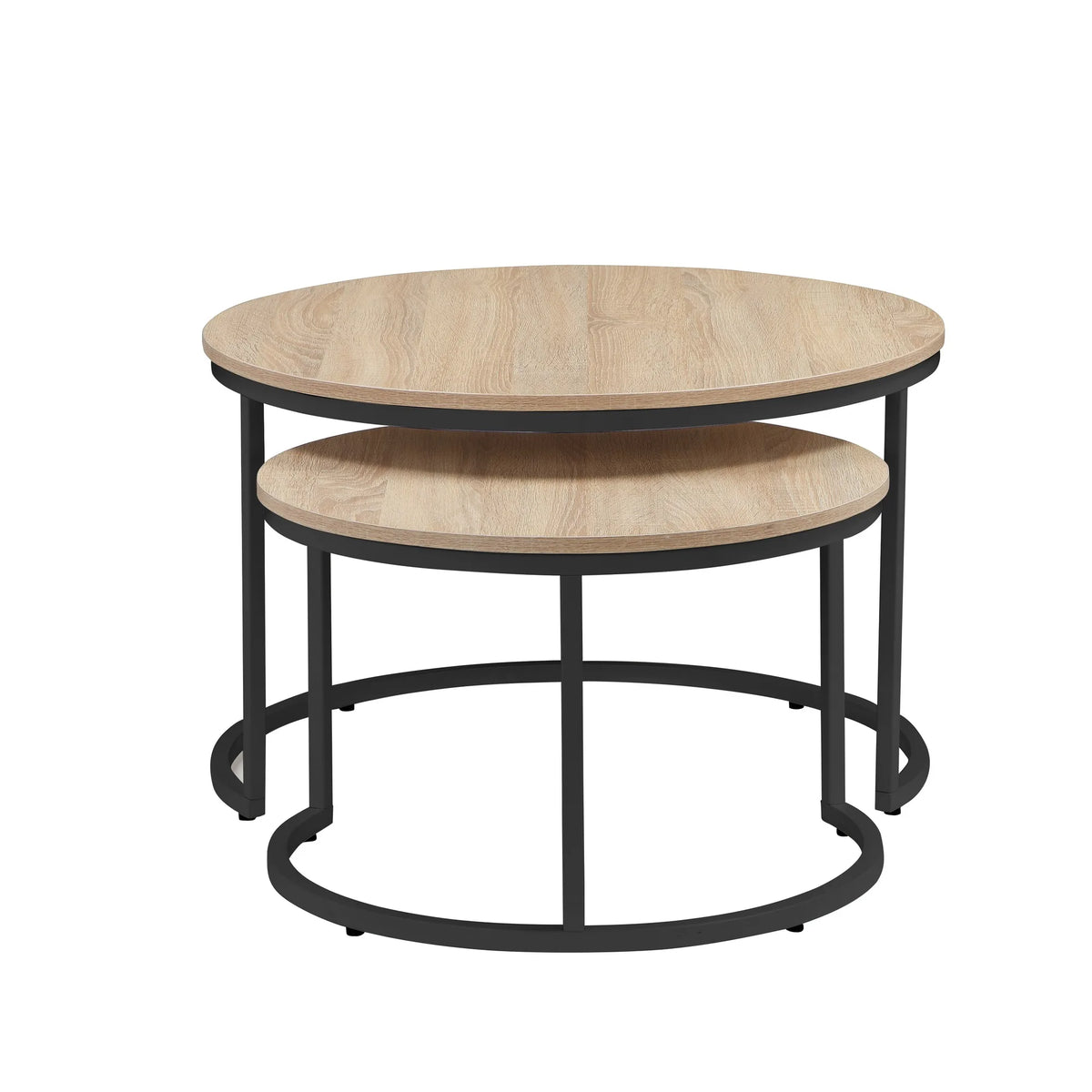 31.5-inch Round Nesting Table set of 2, Accent Coffee Table, Natural Oak Wood Finish, Space-Saving, Modern Industrial Style