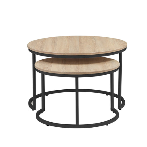 31.5-inch Round Nesting Table set of 2, Accent Coffee Table, Natural Oak Wood Finish, Space-Saving, Modern Industrial Style