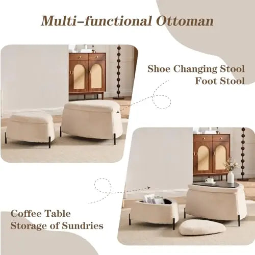 M Modern Durable 2-Piece Faux Fur Fabric Upholstered Storage Ottoman Set with Metal Legs Coffee Side Table Shoe Changing Stool