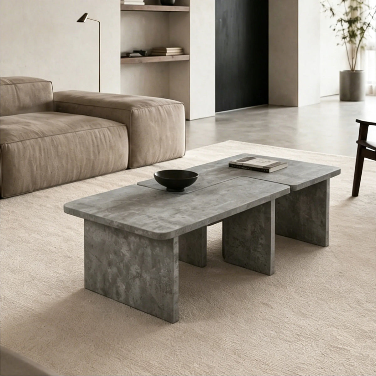 Modular Concrete Coffee Table Set of 2, Nesting L-Shaped Puzzle Center Table, Faux Stone Look Square or Rectangular Cocktail Tab