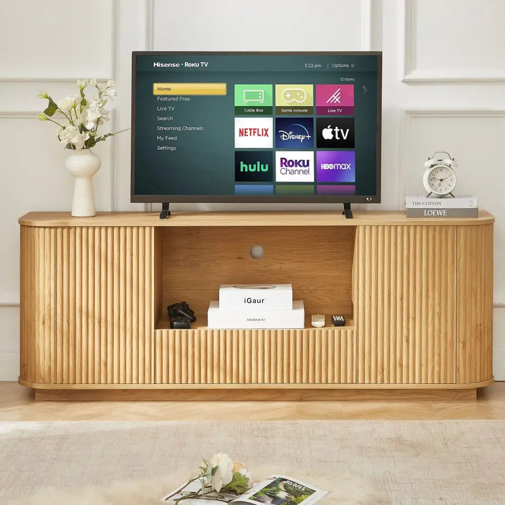 64-Inch Wavy TV Stand Wooden Vertical Stripe Sideboard Storage Cabinet Living Room Bedroom Entryway Media Console Black