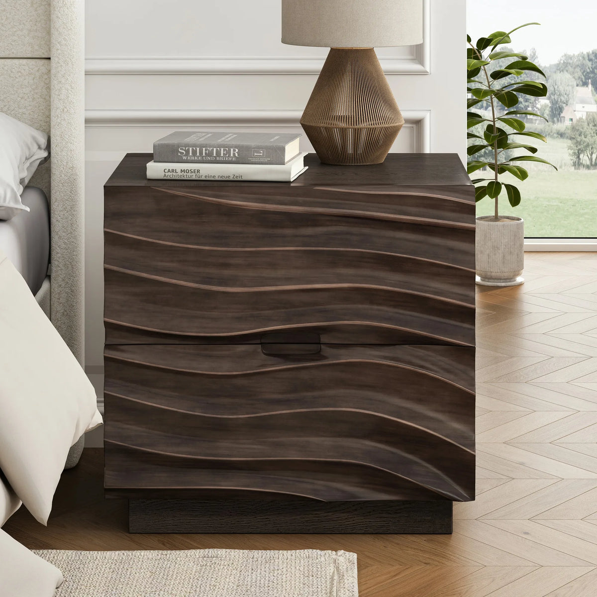 Solid Wood Nightstands, Bedside Table with 2 Drawers, No Handles, Sofa End Table for Living Room, Bedrooms
