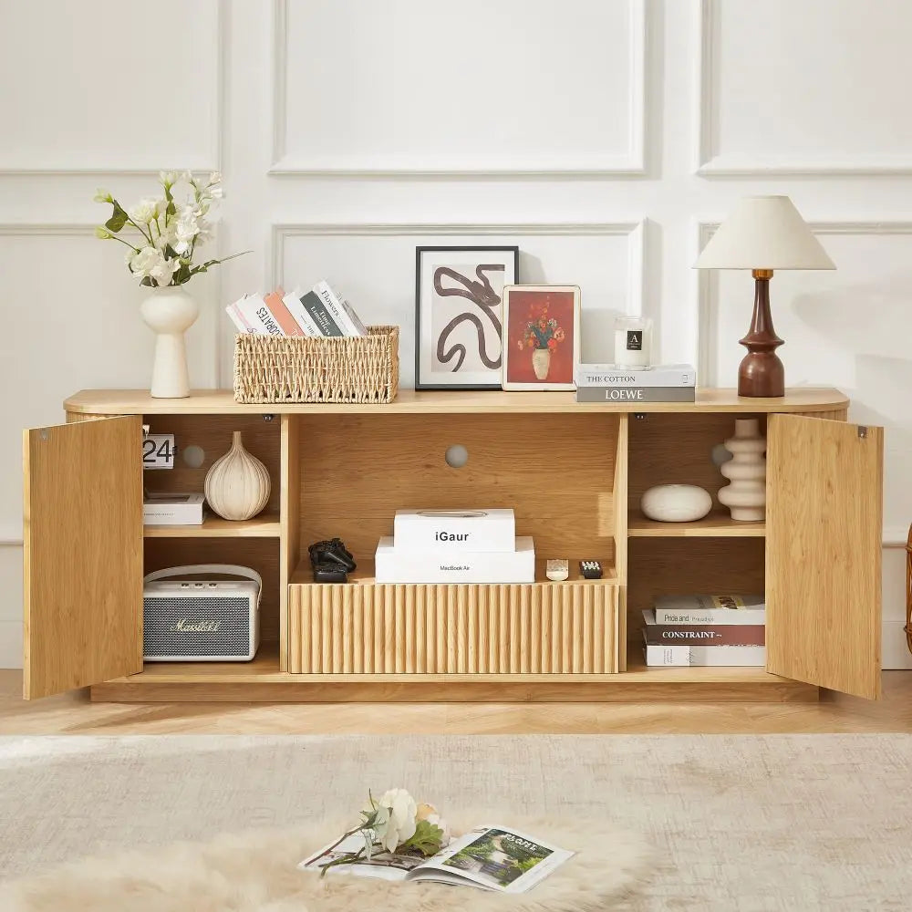 64-Inch Wavy TV Stand Wooden Vertical Stripe Sideboard Storage Cabinet Living Room Bedroom Entryway Media Console Black