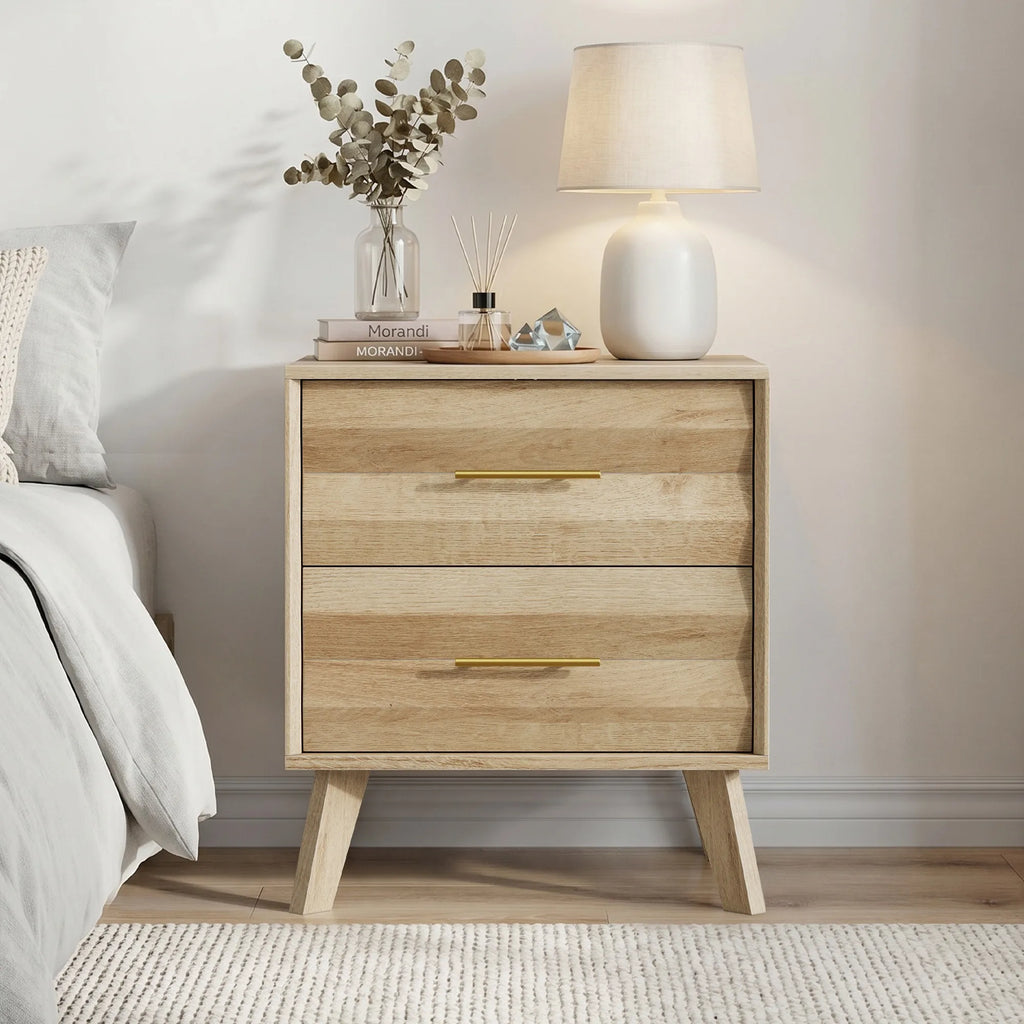 Oak-colored double drawer bedside table, medieval-style modern bedroom bedside storage cabinet, bedside table with metal handles