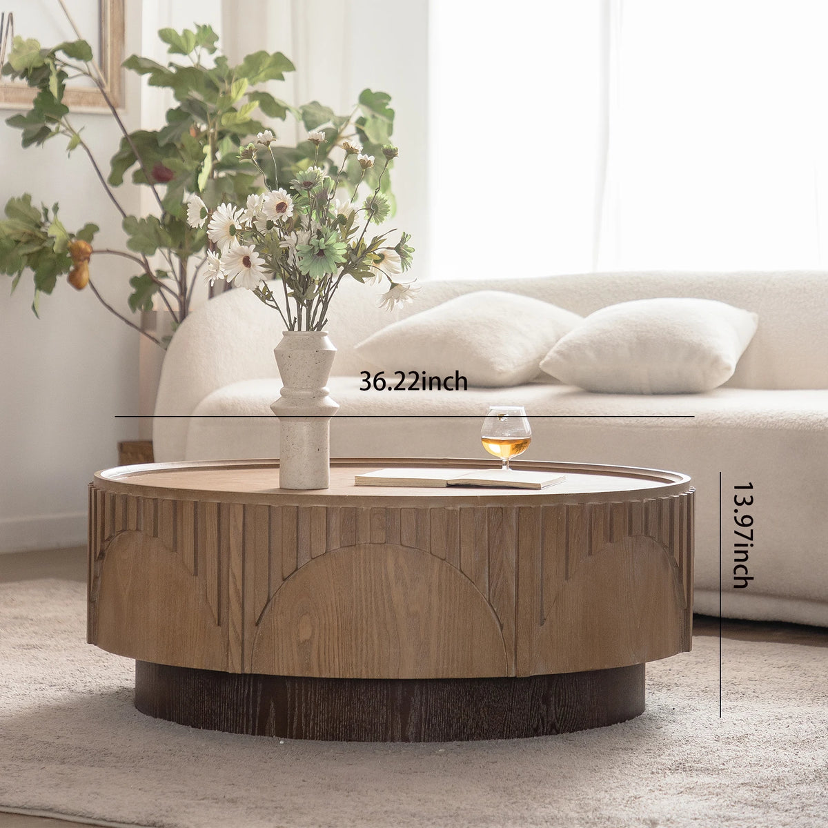 Mid-Century Modern Farmhouse Wood Coffee Table with Carve Design for Living Room and Small Spaces Coffee Table
