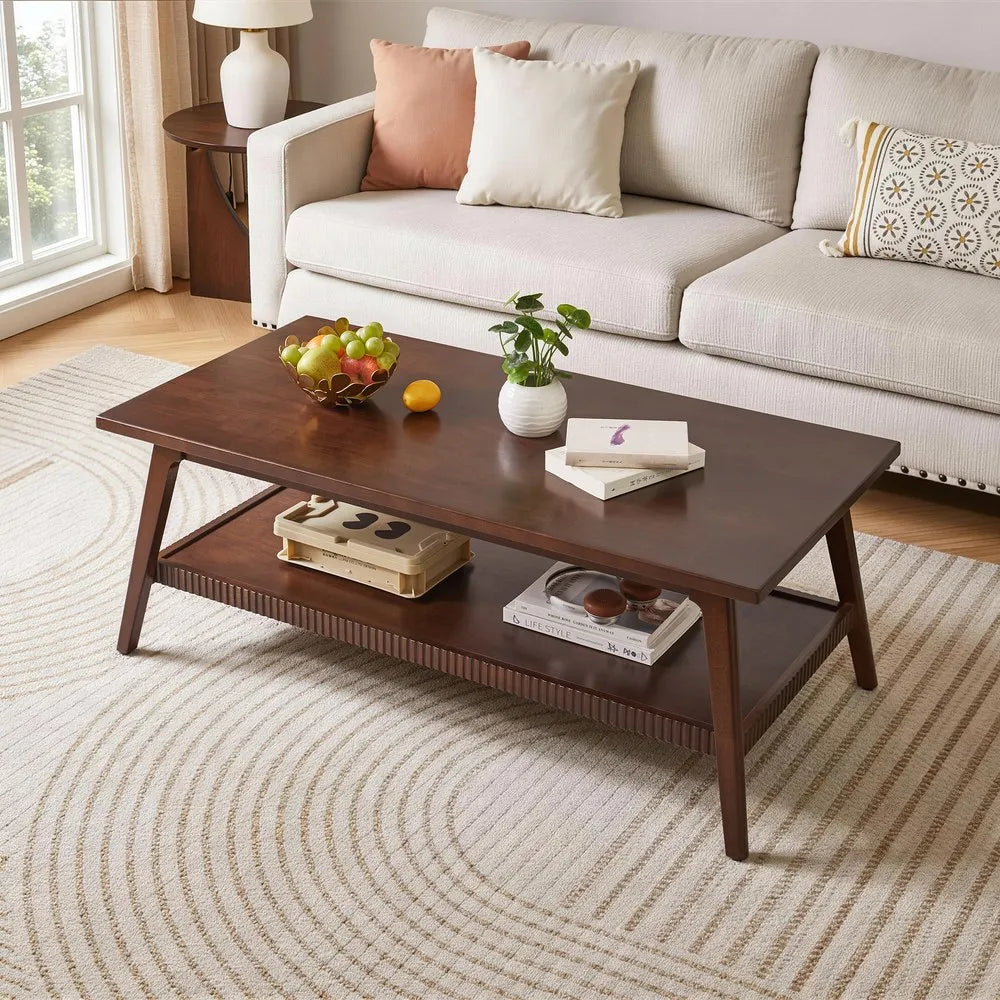 Solid Wood Coffee Table, Rectangular Living Room Coffee Table with Lower Storage Shelf, Wooden Center Cocktail Table for Home, A