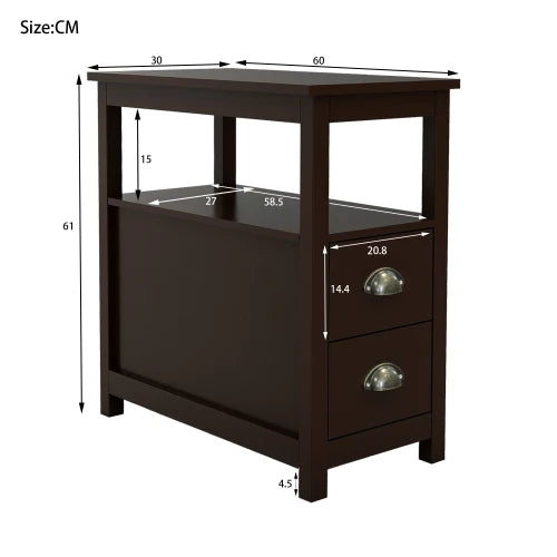 End Table Narrow Nightstand With Two Drawers and Open Shelf-Brown