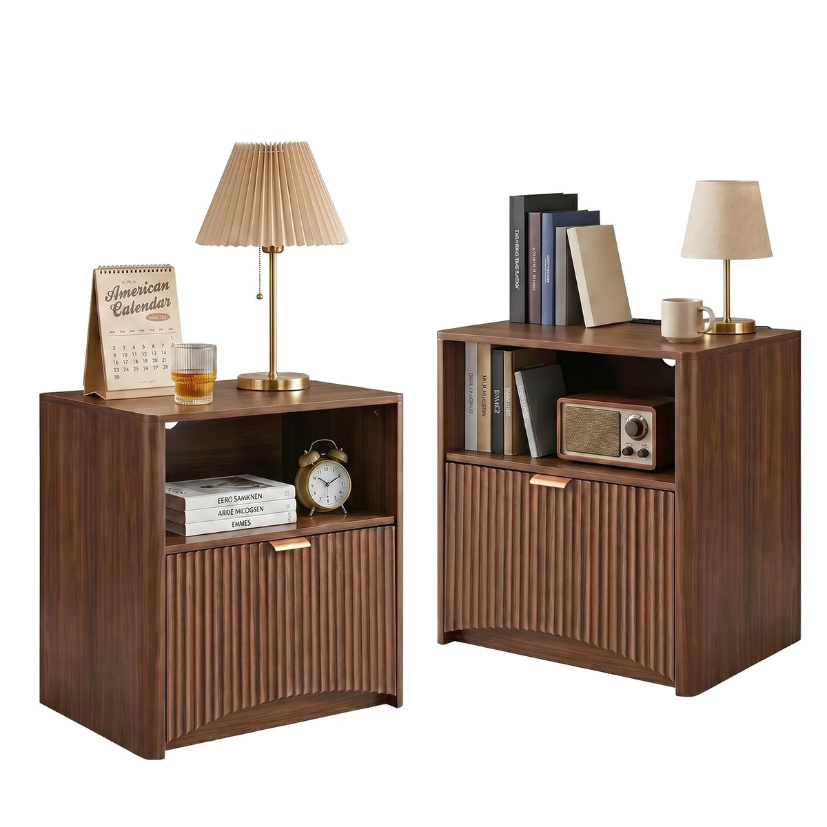 Nightstands Set of 2, Mid Century Modern Bedside Table with Charging Station, Fluted Nightstand with Drawer and Storage, Wood La