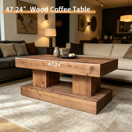 47.24 InchNatural solid wood coffee table with thick top and double pillar base. Classic rustic & minimalist style, sturdy and p