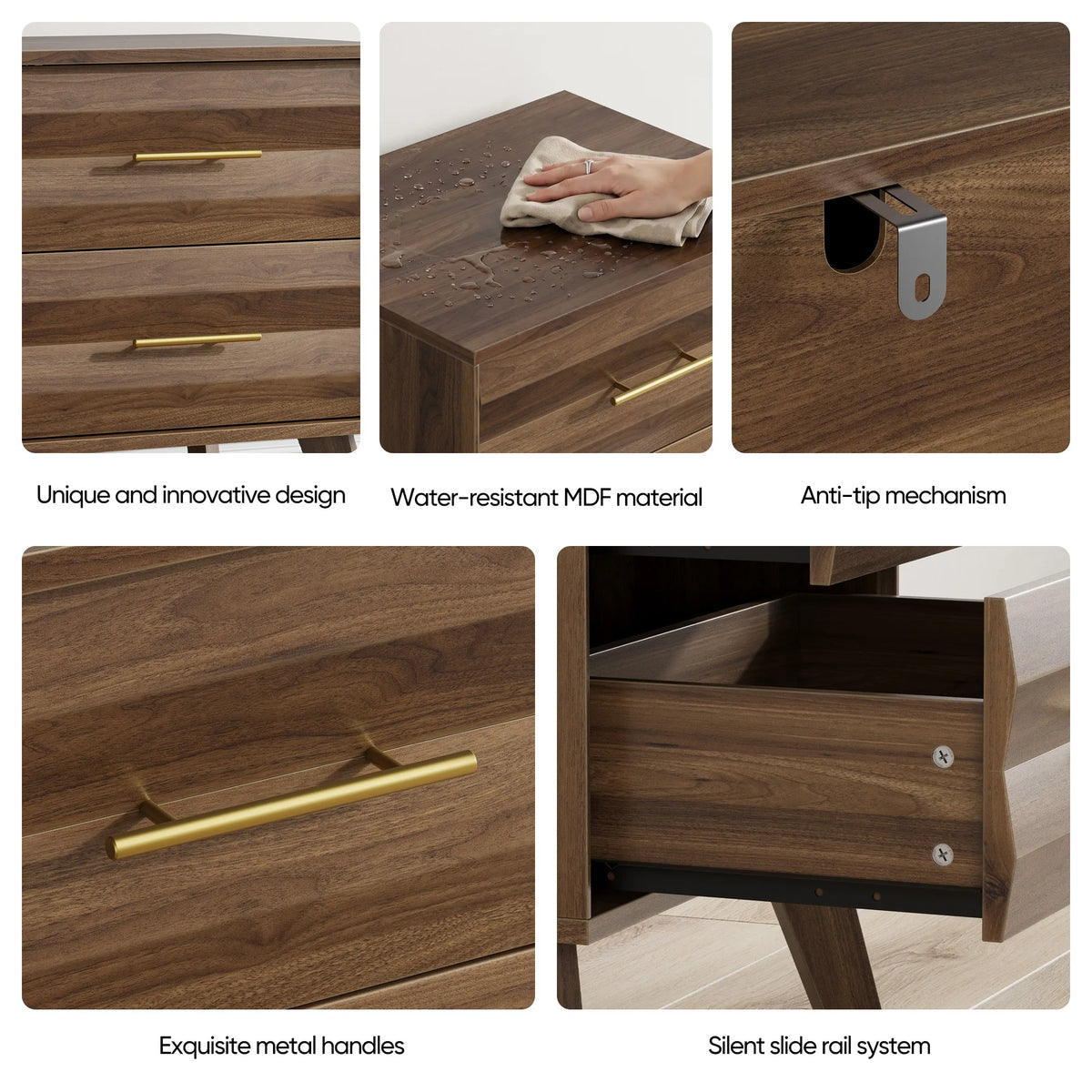 Walnut-colored double drawer bedside table, medieval-style modern bedroom bedside storage cabinet, bedside table with metal hand