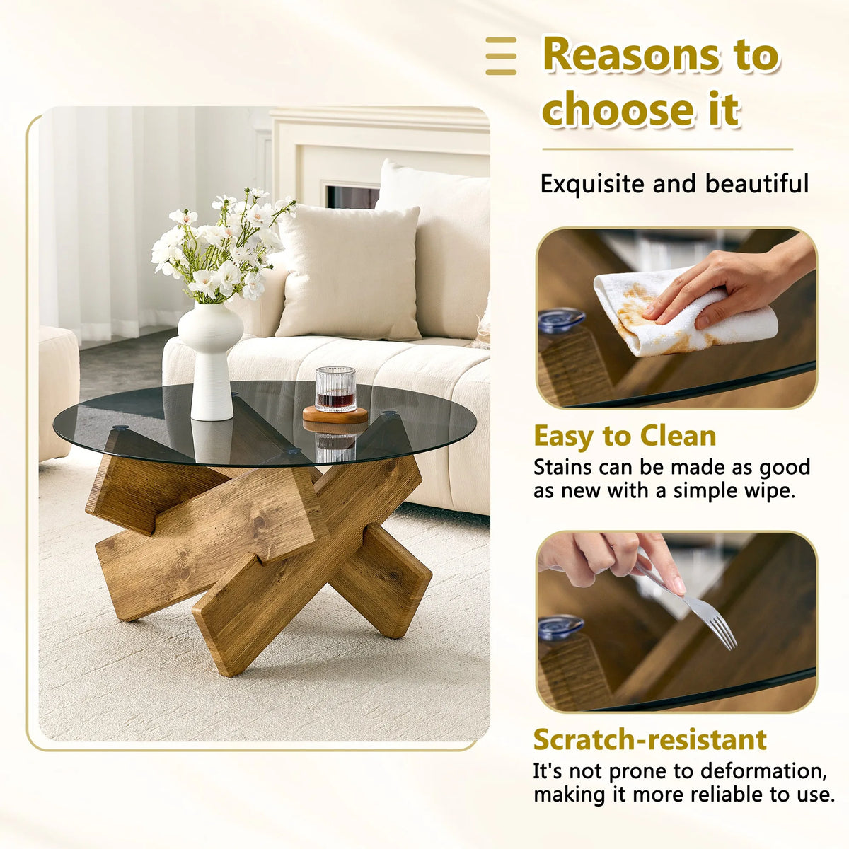 Artistic Cross-Style Round Coffee Table.Smoked Gray Tempered Glass + Wood-Patterned MDF Base, Mid-Century Modern Living Room Cof