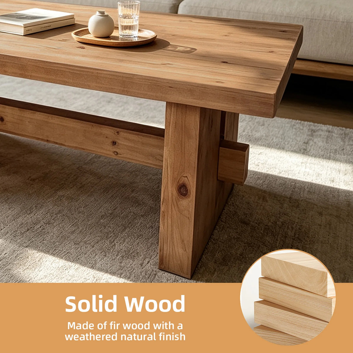 47.24 Inch Coffee table crafted from selected natural solid wood,retaining natural wood grain with warm and rustic wood tones.