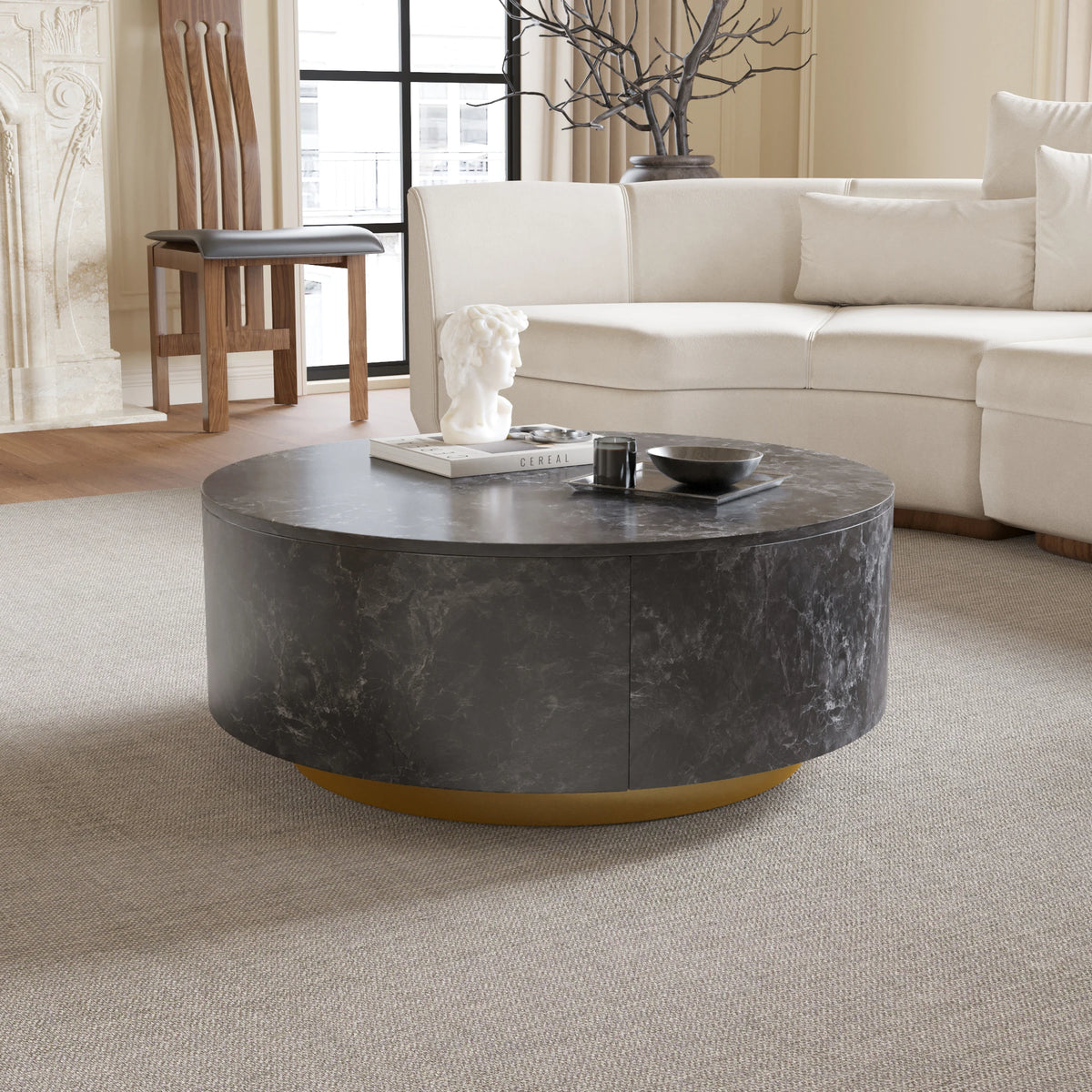 ATUNUS USA in Stock Drop Shipping Side Table Tea Storage Modern Marbling MDF Wood Center Round Coffee Table With Drawer