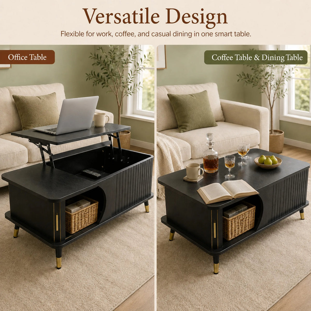 Wood Lift Top Coffee Table with Hidden Compartment and Large Storage Shelf, Lift Tabletop Dining Center Table for Home Living Ro