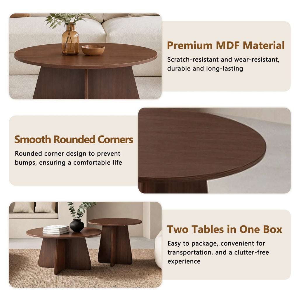 Retro-style nesting coffee table set. Available in walnut or natural wood finishes. Round nesting side tables with crisscross le