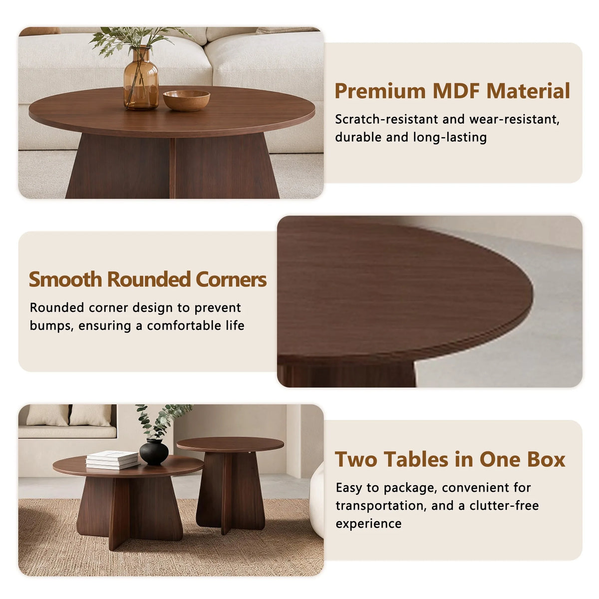 Retro-style nesting coffee table set. Available in walnut or natural wood finishes. Round nesting side tables with crisscross le