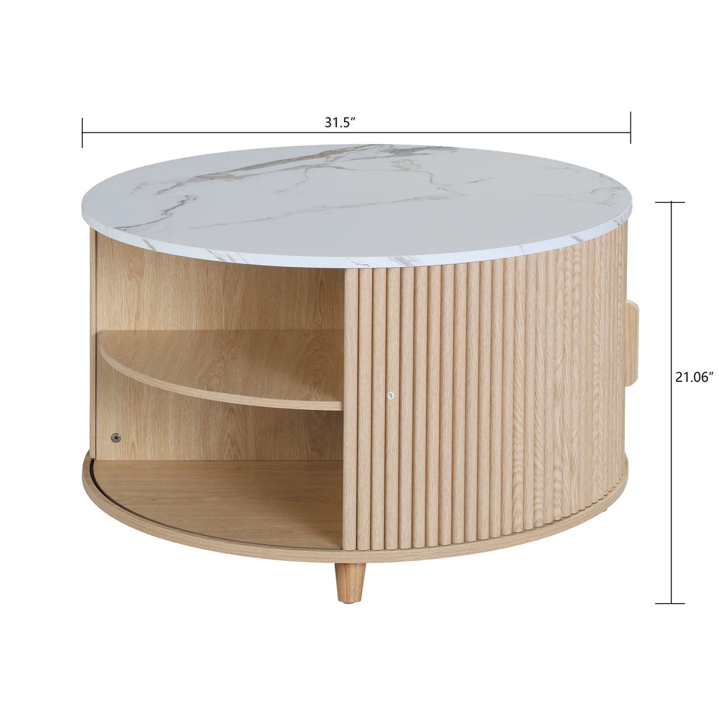32 Inch Round Coffee Table with Storage, Modern Wood Coffee Table with Cabinet, Circular Center Table for Living Room, Hidden Co
