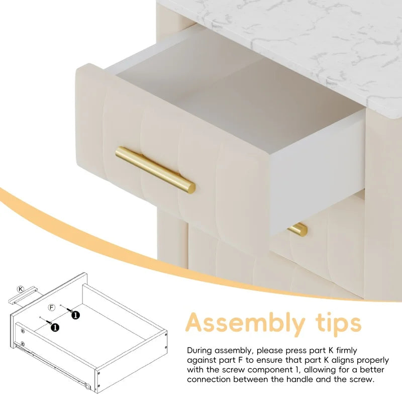 Upholstered Wooden Nightstand with 3 Drawers and Metal Legs&Handles, Bedside Table with Marbling Stickers Worktop - Beige