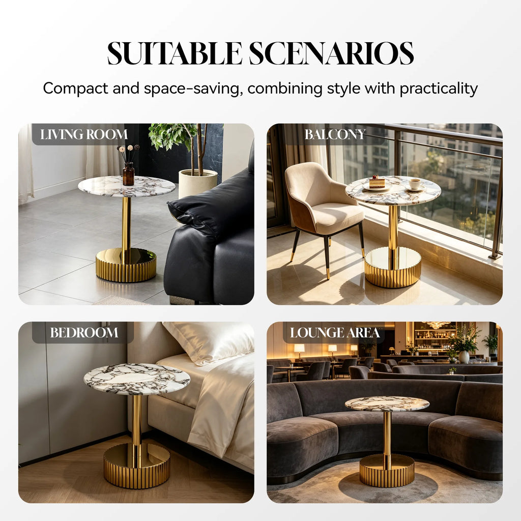 21.65 Inch Modern End Table, Nightstand, Featuring White Marble-Patterned Glass With A Gold Stainless Steel Frame, Suitable For